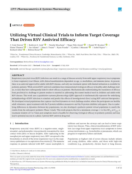 First page of Utilizing Virtual Clinical Trials to Inform Target Coverage That Drives RSV Antiviral Efficacy