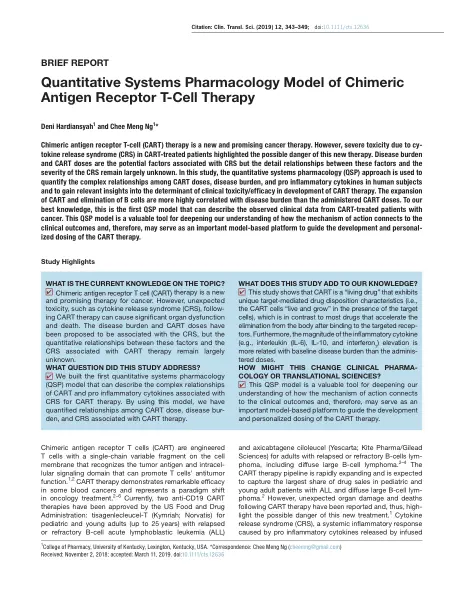 First page of Quantitative Systems Pharmacology Model of Chimeric Antigen Receptor T‐Cell Therapy