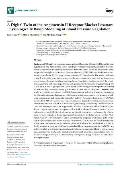 First page of A Digital Twin of the Angiotensin II Receptor Blocker Losartan: Physiologically Based Modeling of Blood Pressure Regulation