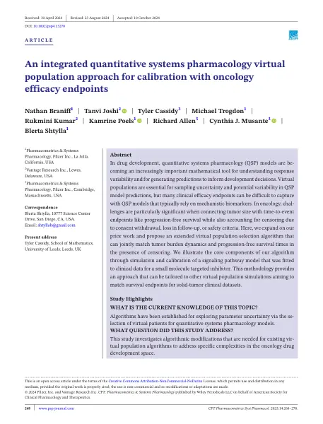 First page of An integrated quantitative systems pharmacology virtual population approach for calibration with oncology efficacy endpoints